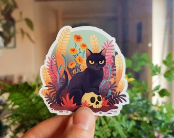 Black cat with skull vinyl sticker / Cute cat with fall color plants / waterproof sticker / gift for cat lover