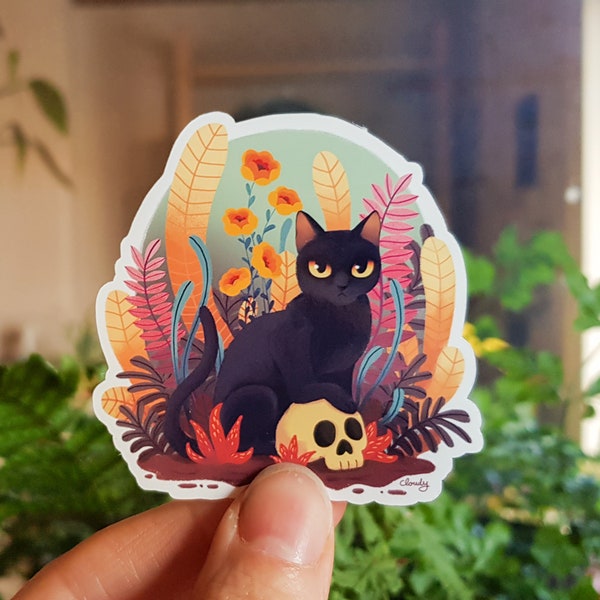 Black cat with skull vinyl sticker / Cute cat with fall color plants / waterproof sticker / gift for cat lover