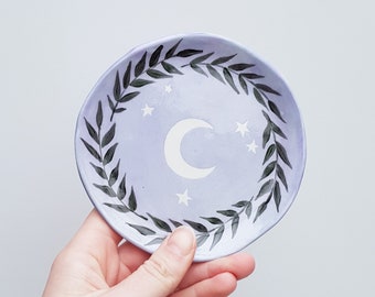 Moon and stars trinket dish / handmade ceramic jewelry tray / Witchy home decor