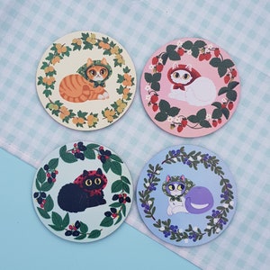 4 coaster set / "Berry babushcats" / cozy cottagecore style cats / cute home decor / gift for cat lover