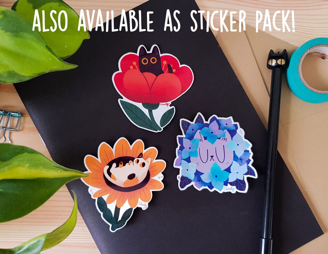 Black Cat Vinyl Sticker / Cute Cat in a Red Flower / - Etsy