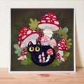 Black cat with red mushrooms art print / cute cat wall art / cat lover gift product logo