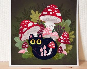 Impression d'art chat noir avec champignons rouges / art mural chat mignon / cadeau pour amoureux des chats