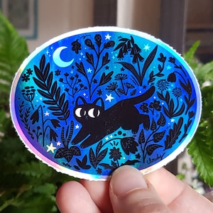 Black cat holographic sticker - "Summer night" - cute gift for cat lover