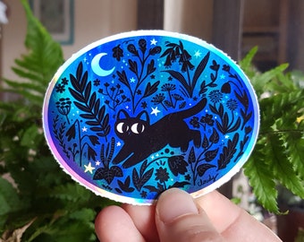 Black cat holographic sticker - "Summer night" - cute gift for cat lover