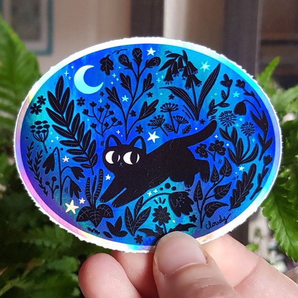 Black cat holographic sticker - "Summer night" - cute gift for cat lover