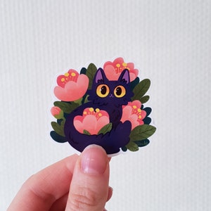 Schwarze Katze mit rosa Blumen Vinyl Aufkleber / Niedliche Blumen Katzen Kunst / wasserfester Aufkleber / Geschenk für Katzenliebhaber