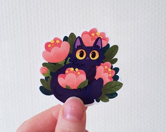 Black cat with pink flowers vinyl sticker / Cute floral cat art / waterproof sticker / gift for cat lover