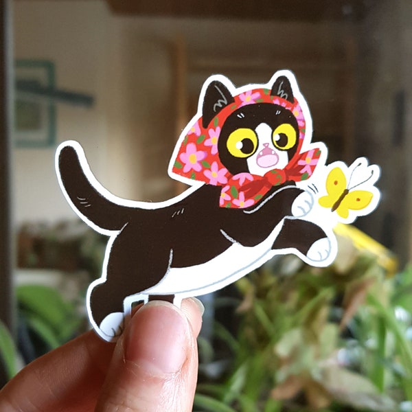 Cute tuxedo cat vinyl sticker / babushka cat / waterproof sticker / gift for cat lover