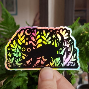 Black cat holographic sticker - "Midnight stroll" - cute gift for cat lover