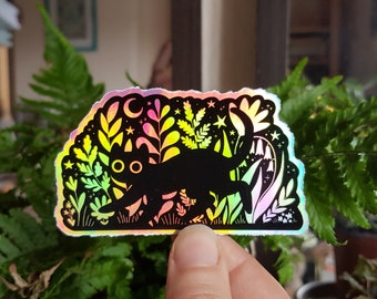 Black cat holographic sticker - "Midnight stroll" - cute gift for cat lover