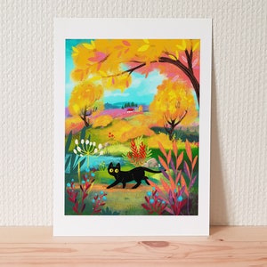 Black cat art print / "Fall Traveller" / black cat in autumn landscape / cute cat wall art