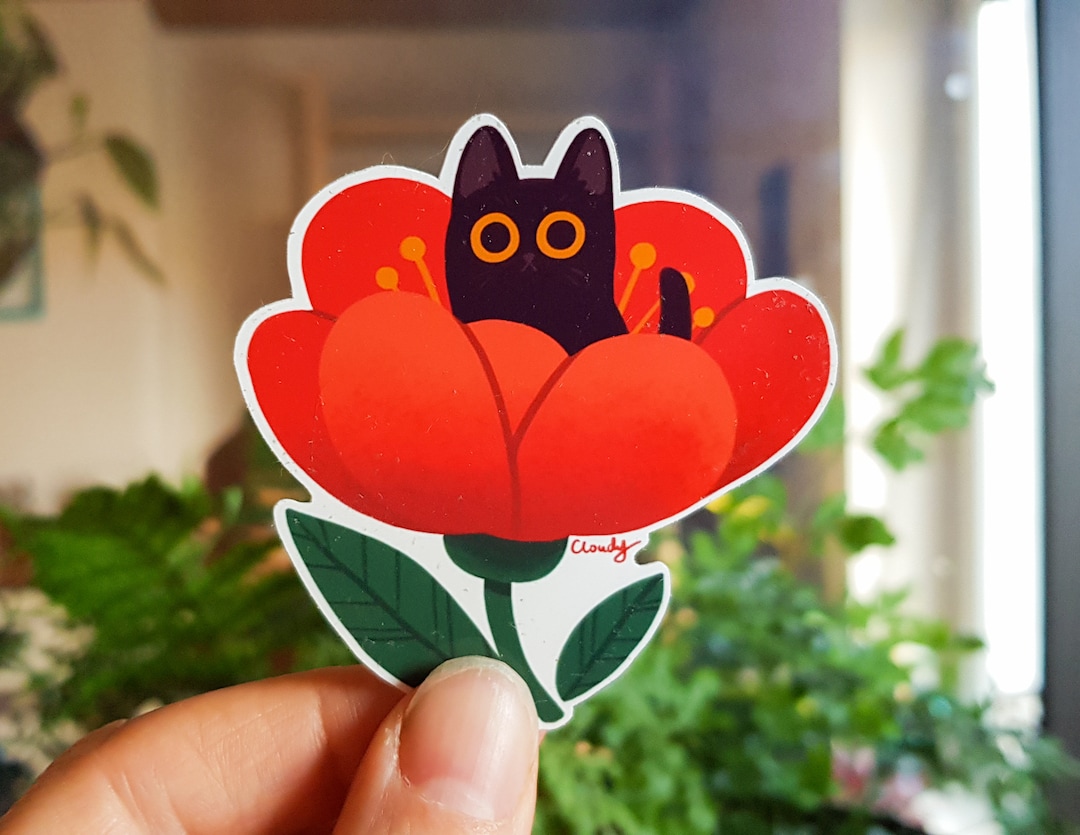Black Cat Vinyl Sticker / Cute Cat in a Red Flower / Waterproof Sticker ...