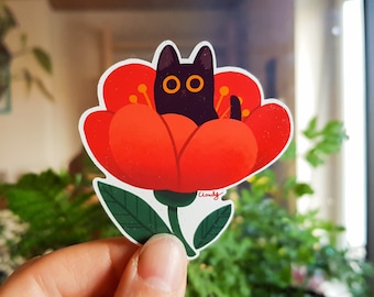 Pegatina de vinilo de gato negro / Lindo gato en una flor roja / pegatina impermeable / regalo para amante de los gatos