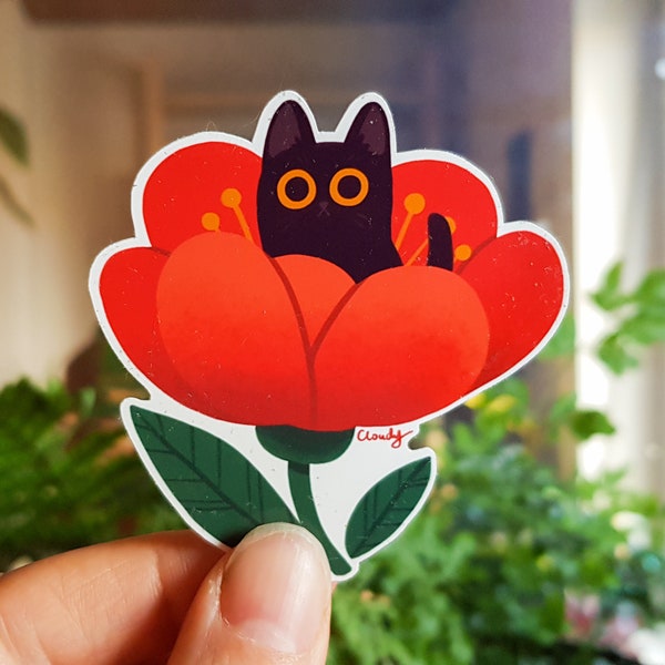 Black cat vinyl sticker / Cute cat in a red flower / waterproof sticker / gift for cat lover