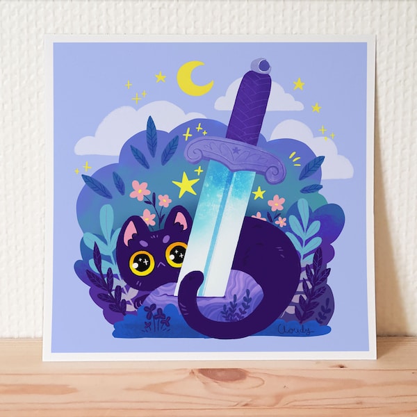 Black cat with a sword art print / cute fantasy cat wall art / cat lover gift