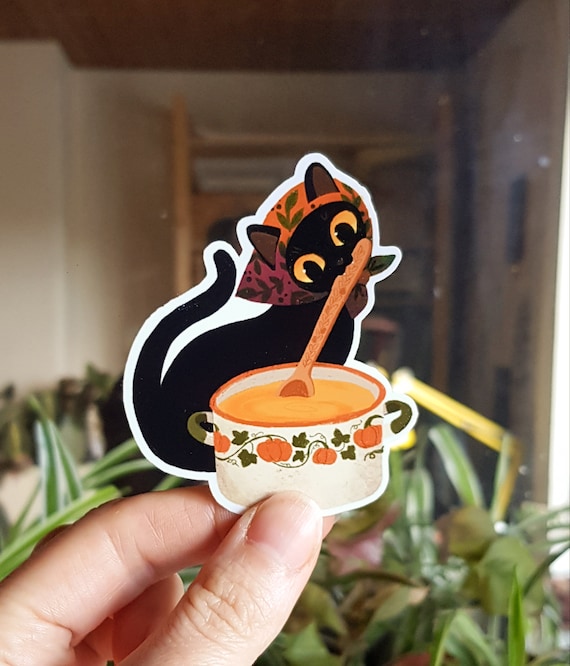 Cute black cat vinyl sticker / cozy cottagecore cat cooking soup / waterproof sticker / gift for cat lover
