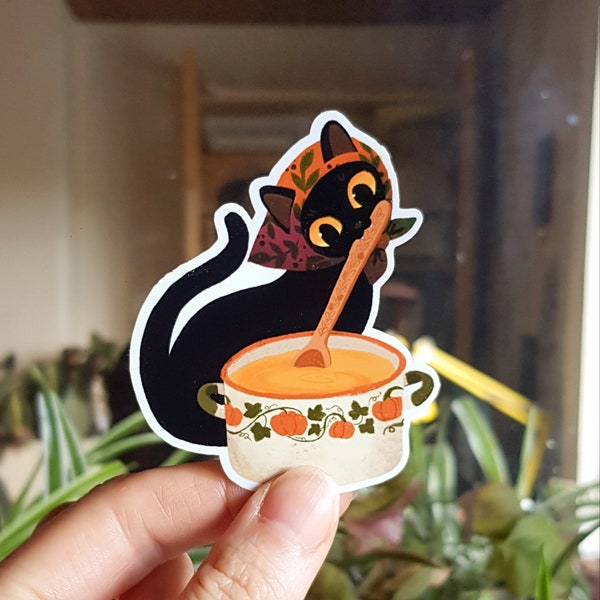 Cute black cat vinyl sticker / babushka cat / waterproof sticker / gift for cat lover