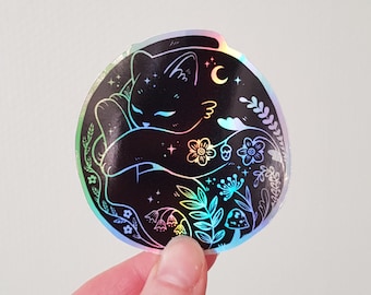 Sticker holographique chat noir endormi / Art de chat mignon / Sticker imperméable / cadeau pour amoureux des chats