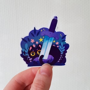 Schwarze Katze mit Schwert Vinyl Sticker / Fantasie Katzen Kunst / wasserfester Aufkleber / Geschenk für Katzenliebhaber