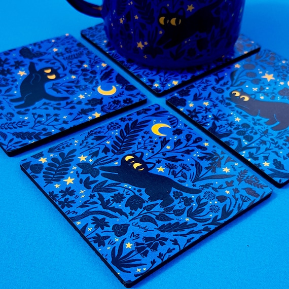 4 coaster set / black cat in the night / blue and yellow floral cat / cute home decor / gift for cat lover