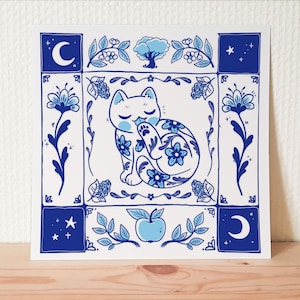 Gatto blu e bianco su una stampa d'arte in piastrelle di porcellana/arte da parete con gatti carini