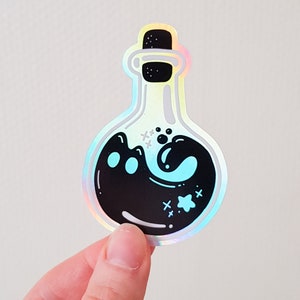 Sticker holographique chat noir - « Potion de cattitude » - chat bouteille de potion - joli cadeau pour amoureux des chats