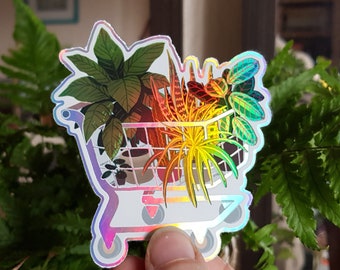 Plants in shopping cart holographic sticker - "Plant friends" - plant lover gift idea