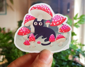Black cat in a mushroom fairy ring vinyl sticker / Cute mushroom art / waterproof sticker / gift for cat lover