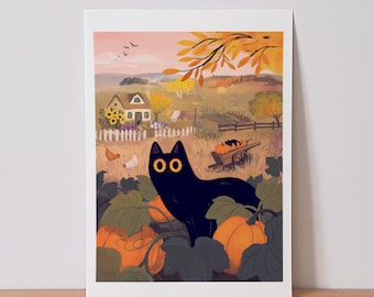 Black cat art print / "Pumpkin keeper" / black cat in autumn landscape painting / cute cat wall art