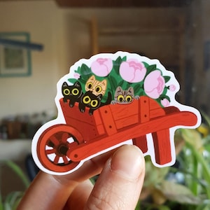 Cute kittens and flowers in a wheelbarrow / cats and plants / waterproof sticker / gift for cat lover