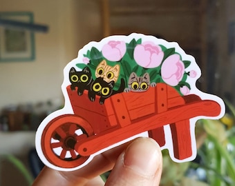 Cute kittens and flowers in a wheelbarrow / cats and plants / waterproof sticker / gift for cat lover