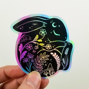 Sticker holographique lapin noir endormi / Art de lapin mignon / Sticker imperméable / cadeau pour amoureux de la nature
