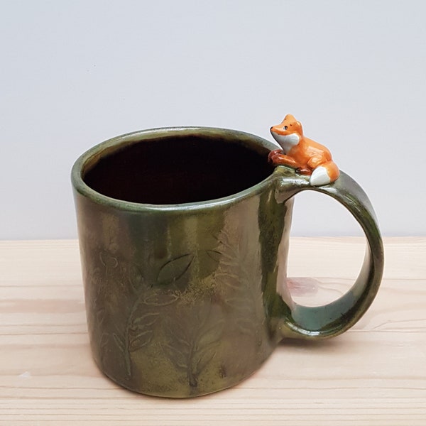 Handmade ceramic mug with fox and plants / tea or coffee lover gift