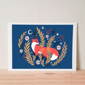 Stampa artistica di volpe autunnale / Volpe e piante sotto la luna e le stelle / Animale del bosco / regalo per gli amanti della natura