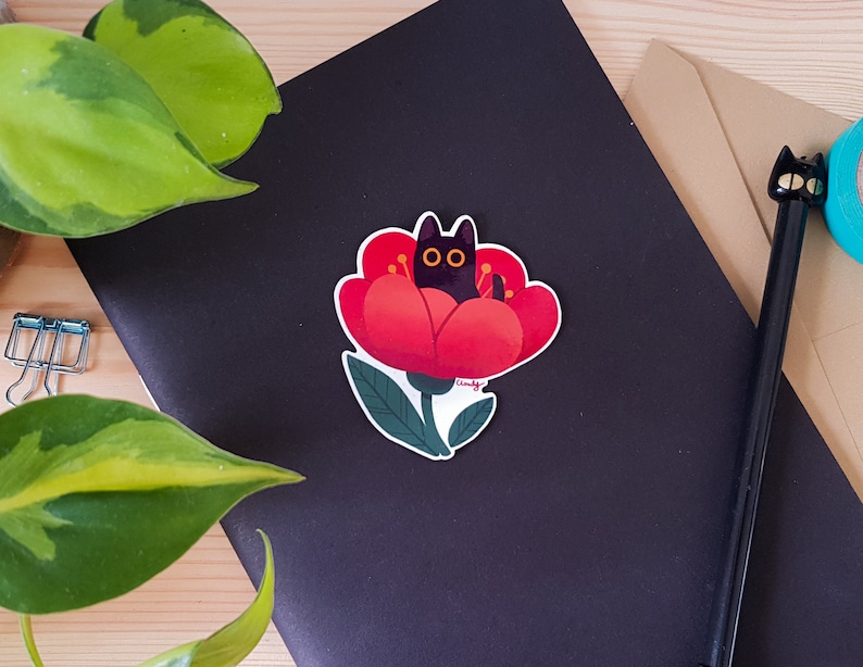 Black Cat Vinyl Sticker / Cute Cat in a Red Flower / Waterproof Sticker ...