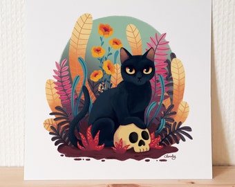 May include: A black cat with yellow eyes sits on a skull in a colorful floral setting. The cat is surrounded by pink, yellow, and green flowers and leaves.