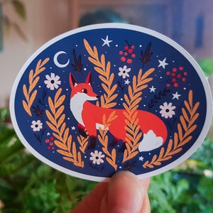 Sticker renard d'automne en vinyle / Renard et plantes sous la lune et les étoiles / Sticker animal des bois / Sticker imperméable / Cadeau pour amoureux de la nature