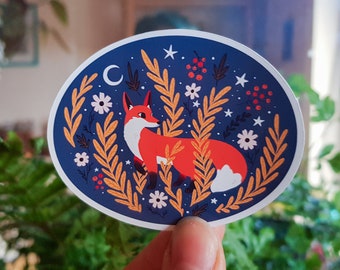 Autumn fox vinyl sticker / Fox and plants under the moon and stars / Woodland animal sticker / waterproof sticker / gift for nature lover