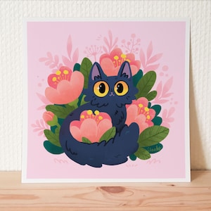 Gatto nero con stampa artistica di fiori rosa / carina arte da parete floreale per gatti / regalo per gli amanti dei gatti