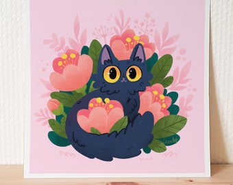 Chat noir avec impression d’art de fleurs roses / art mural de chat floral mignon / cadeau d’amoureux des chats