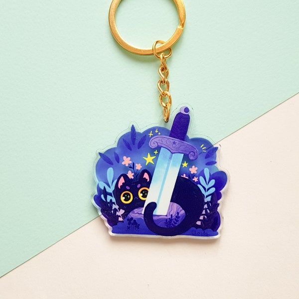 Sword cat keychain - transparent acrylic charm