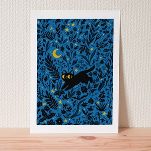 Black cat art print / "Summer night" / cat and plants in the night / cute cat wall art