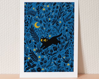 Black cat art print / "Summer night" / cat and plants in the night / cute cat wall art