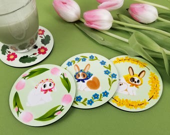 4 coaster set / "Spring flower bunbushkas" / cozy babushka bunnies / cute cottagecore home decor / gift for bunny lover