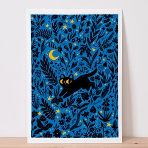 Black cat art print / "Summer night" / cat and plants in the night / cute cat wall art