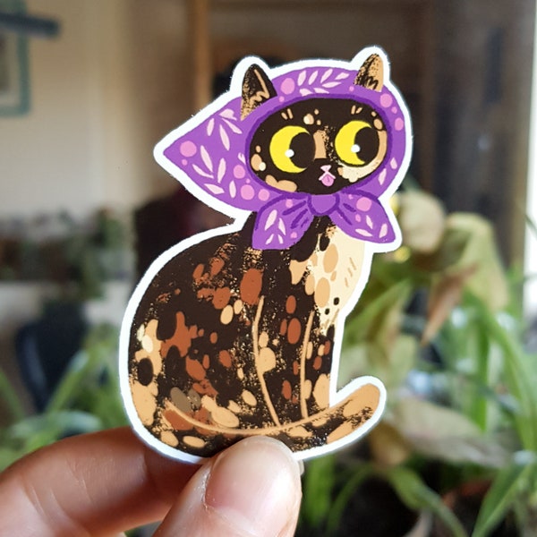 Cute tortoiseshell cat vinyl sticker / tortie babushka cat / waterproof sticker / gift for cat lover