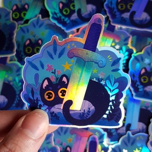 Black cat with a sword HOLOGRAPHIC sticker / Cute fantasy cat art / waterproof sticker / gift for cat lover image 2