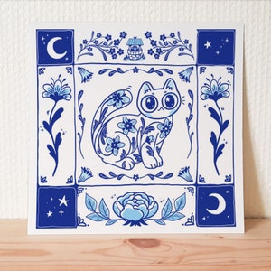 Gatto blu e bianco su stampa artistica in gres porcellanato, simpatico gatto da parete