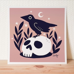 Corvo su una stampa d'arte del teschio / spettrale arte della parete dell'uccello / arredamento di Halloween